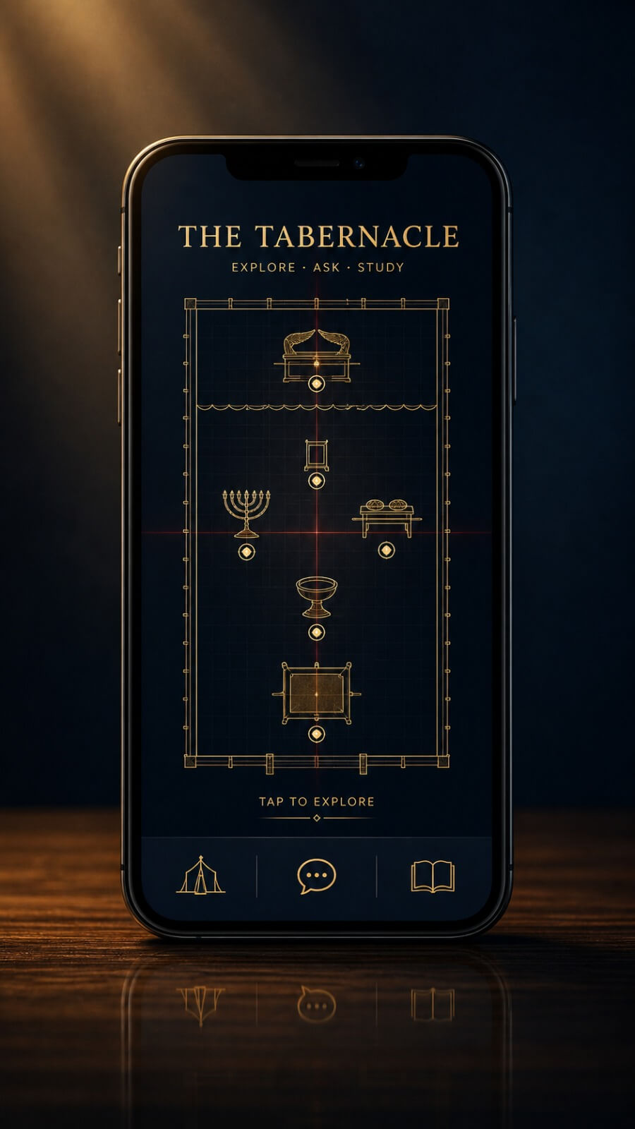 The Tabernacle app interface — interactive blueprint of the Tabernacle of Moses on a smartphone
