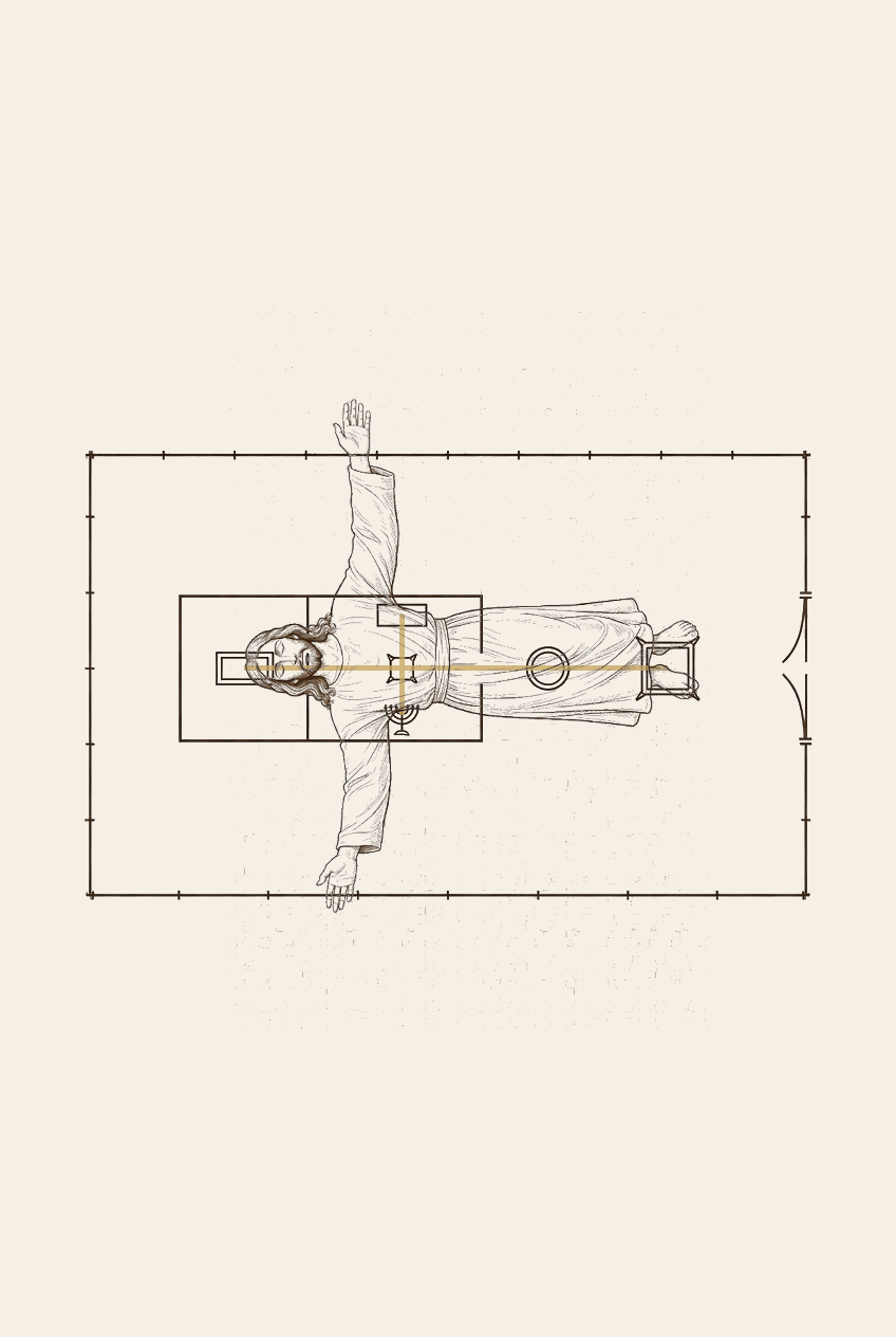 The body of Christ laid across the floor plan of the Tabernacle of Moses — His head in the Holy of Holies, His arms outstretched through the Holy Place, His feet at the Brazen Altar, with the gold cross underlying His form