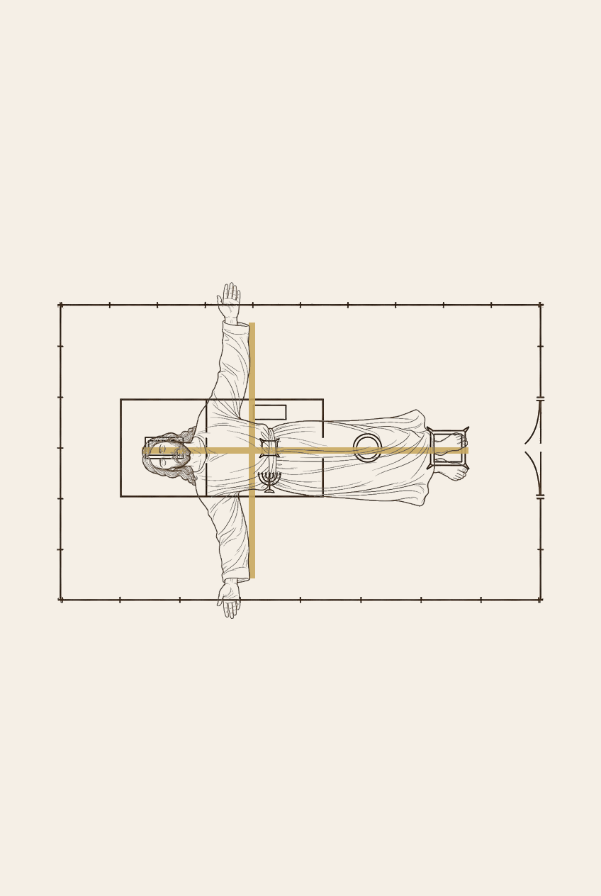 The body of Christ laid across the floor plan of the Tabernacle of Moses — His head in the Holy of Holies, arms outstretched through the Holy Place, feet at the Brazen Altar, with the gold cross underlying His form.