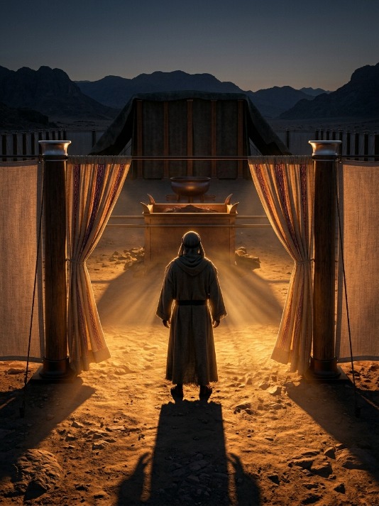A robed figure standing at the gate of the Tabernacle of Moses at sunrise